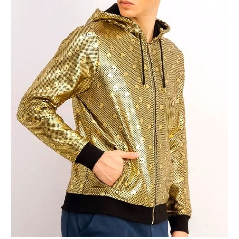 INC International Concepts Gold Metallic Skull Print Zip Hoodie Y2K Men XXL Rock